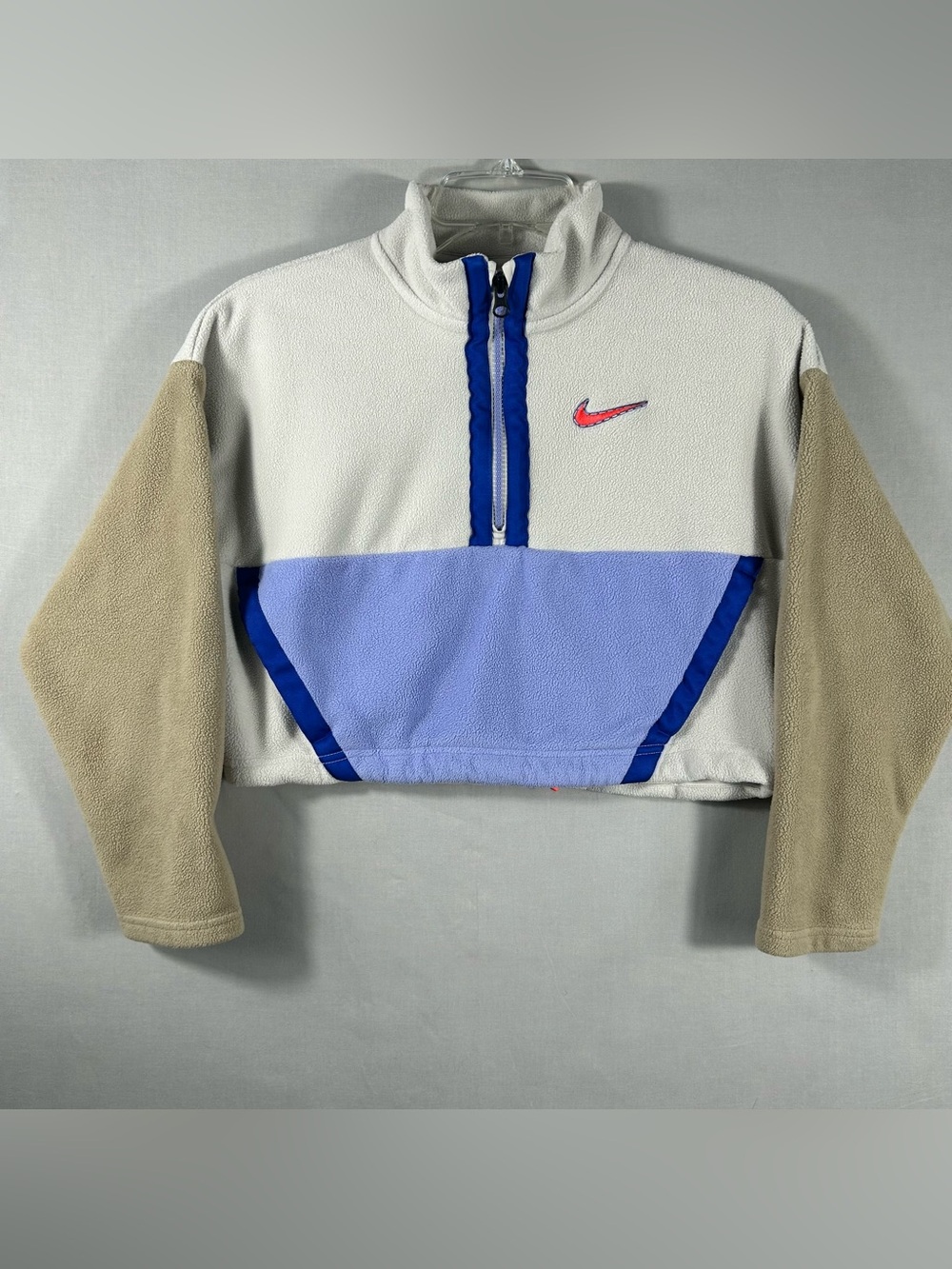 Nike Fleece Pullover Womens Medium 1/4 Zip Colorblock Blue Beige Red Swoosh Y2K
